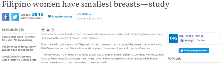 Scientific study finds that Filipinas have smallest breasts in the world